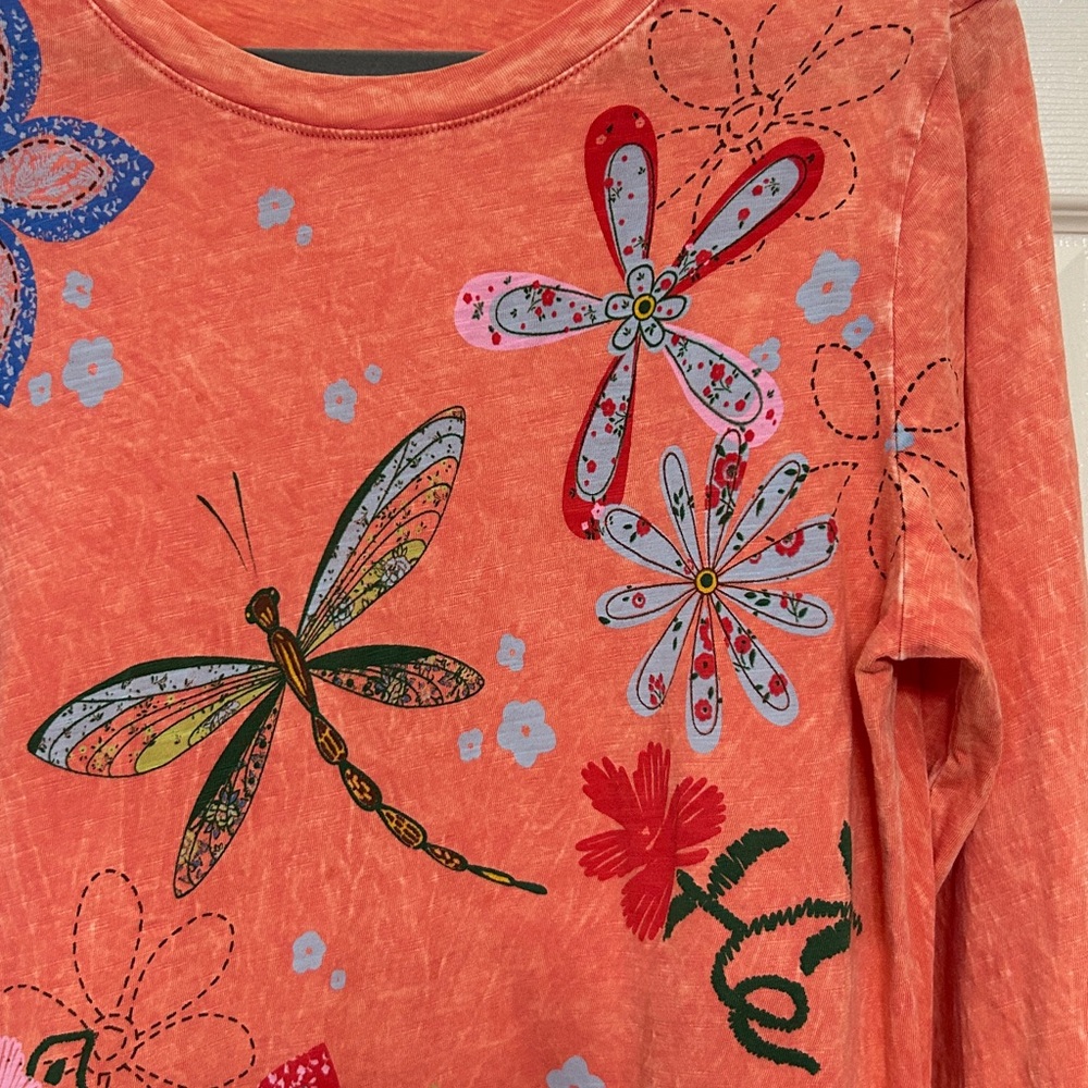 Jess & Jane Cotton Peach Dragonfly Tunic Florals Spring Summer Natural Fiber M - Picture 5 of 12